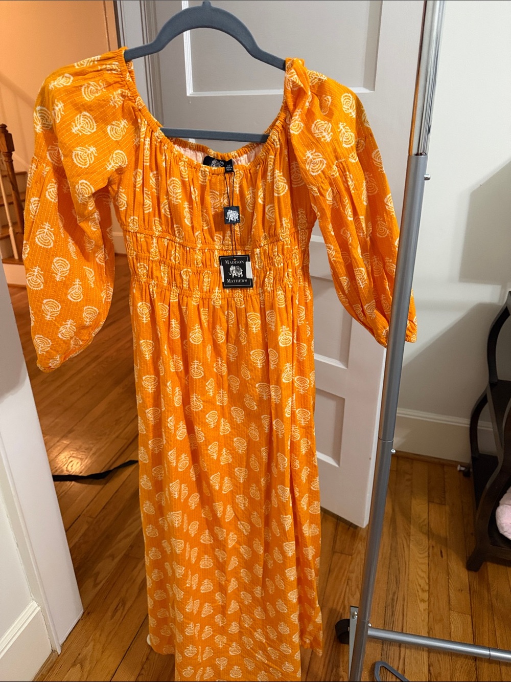 Matisse Orange Floral Midi Dress with Puff Sleeves